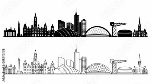 Glasgow city skyline silhouette and line art with landmarks, urban travel concept