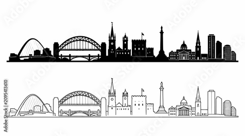 Newcastle skyline silhouette and line art set, city architecture icons.