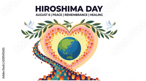 Εκτύπωση καμβά Hiroshima day commemorative graphic featuring a glowing heart shape with floatin