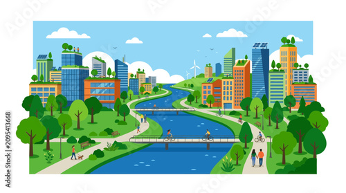 Tableau sur toile Eco Friendly Modern City with Green Buildings and River Park