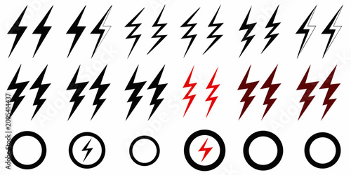 lightning bolt variations in black red and circular icons vector illustration electricity energy symbol icon design graphic pattern thunder storm