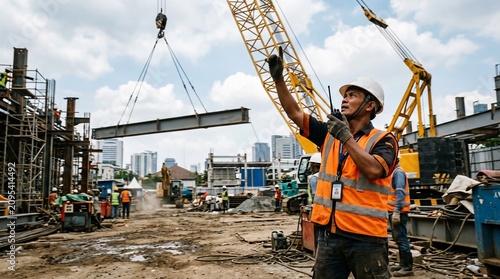 Construction site supervisor signaling crane operator for lifting steel beam.