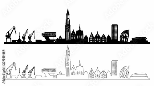 Antwerp Belgium city skyline silhouette with cathedral and port cranes, vector illustration