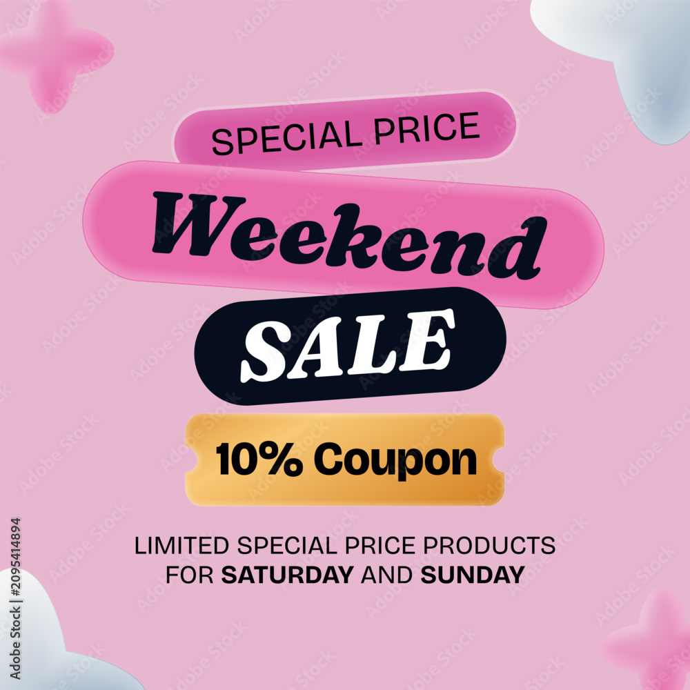 Fototapeta premium 3D Weekend Sale Promotional Banner with 10 Percent Discount Coupon on Pink Background