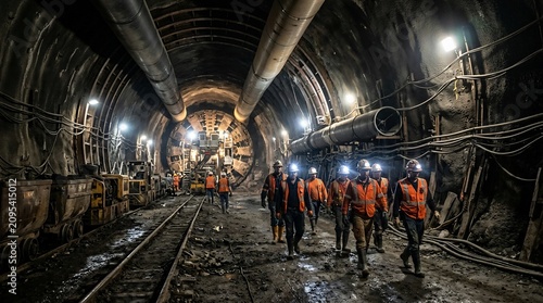 Construction workers walking inside a large tunnel project.
