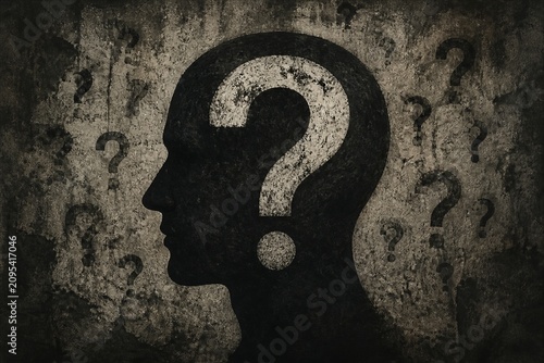 Human silhouette with question mark symbols on textured background
