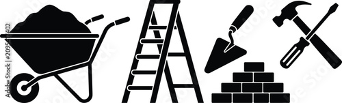 Tableau sur toile Construction Hardware and Bricklaying Work Tool Silhouette Icon Set for Building