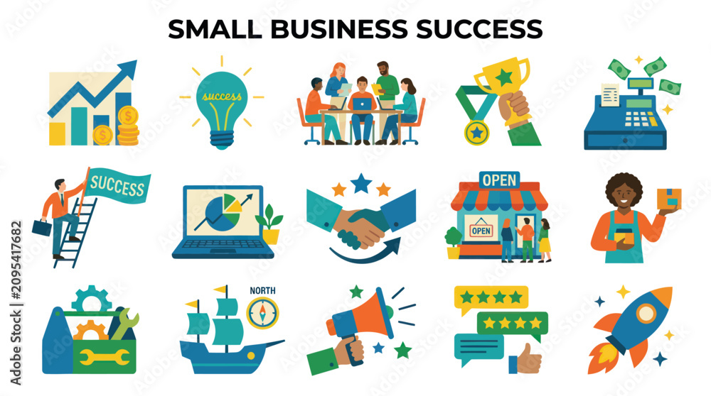 Naklejka premium Flat Vector Illustration Set: Small Business Success Icons, Entrepreneurship, Startup Growth, Marketing Finance Concepts.
