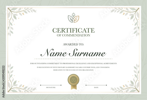 Earthy botanical certificate of commendation template, elegant soft green and gold leaf corner border frame background, luxury premium quality award diploma vector for spa, wellness or business.