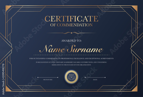 Fotografie Luxury navy blue and gold certificate of commendation template, elegant art deco geometric border frame background, premium quality diploma award blank vector document for corporate or graduation