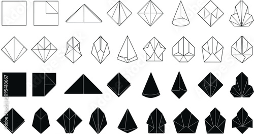 Origami paper folding step instruction guide icons vector illustration featuring geometric shapes and craft instruction symbols