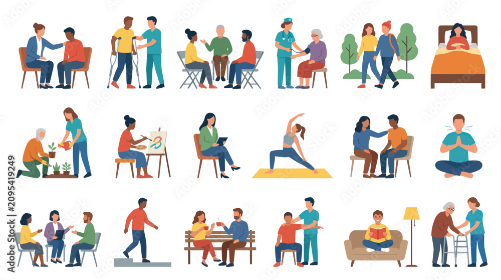 Fototapeta premium Flat Vector Illustrations of Healthcare, Mental Health, Therapy, Wellness Social Support Activities