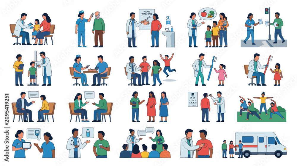 Fototapeta premium Medical Healthcare Flat Illustrations: Doctors, Nurses, Patients, Consultations, Preventative Care, Wellness