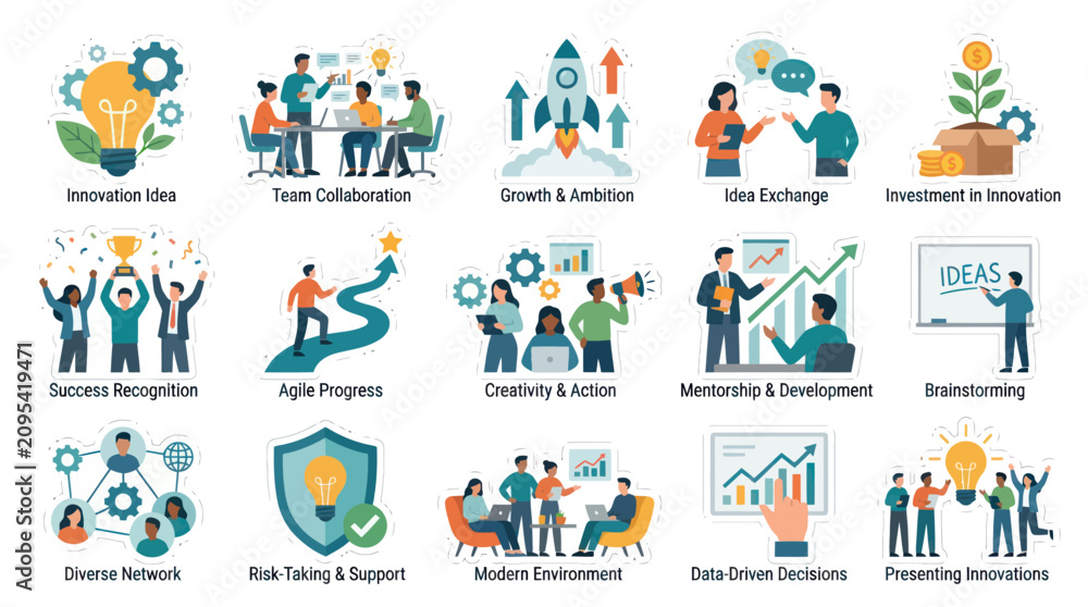 Fototapeta premium Flat Design Icons for Business Growth, Innovation, and Teamwork