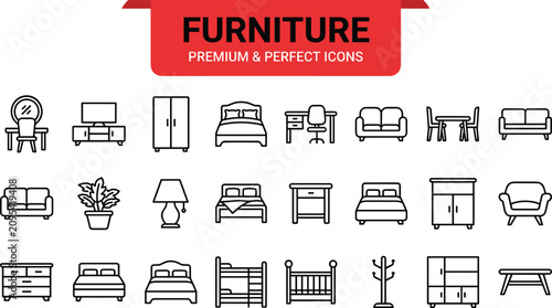 Bild auf Leinwand Premium home furniture linear icon set bundle vector illustration for apartment