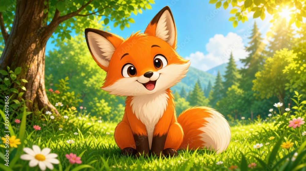 Fototapeta premium A cute cartoon fox sits happily in a vibrant sunlit forest clearing surrounded by flowers and lush greenery, with mountains visible in the distance.