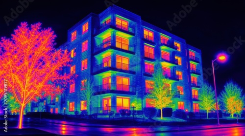 A thermal image showing a multi-story building and surrounding trees with varying heat emissions in vibrant colors against a dark night background.