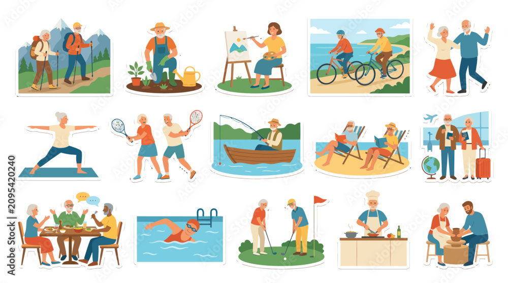 Fototapeta premium Senior Lifestyle Flat Vector Icons Set: Retirement Activities, Hobbies, Travel, Health
