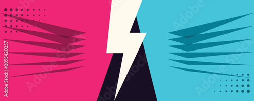 Schilderij op canvas Pink and blue abstract background with lightning bolt symbol representing confli