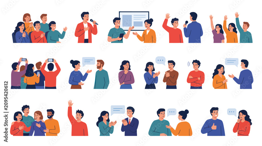 Fototapeta premium Flat Vector Business Communication People Illustrations: Meetings, Presentations, Discussions Engagement