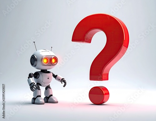 Cute Robot Pondering a Giant Red Question Mark.