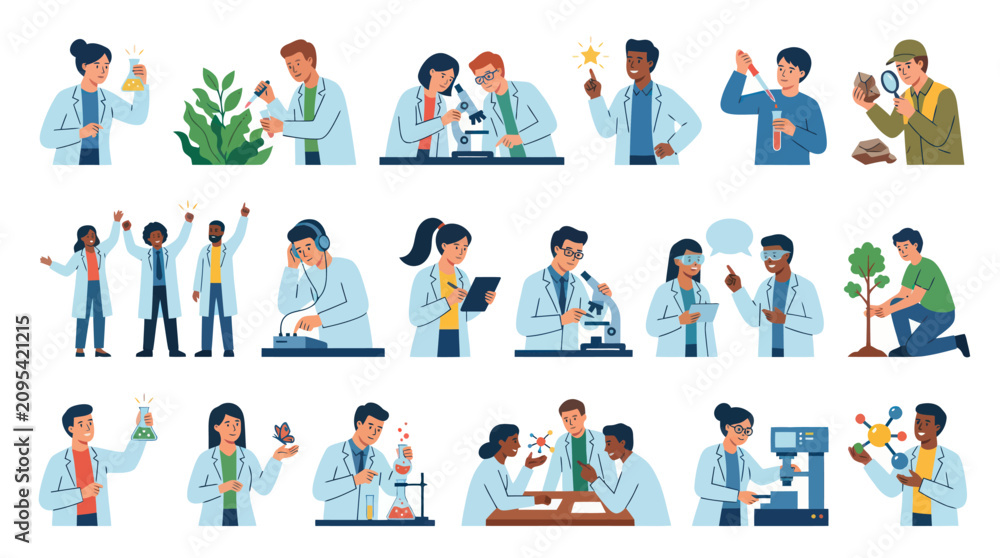 Fototapeta premium Scientists and Researchers at Work: Science Lab and Nature Flat Design Icons