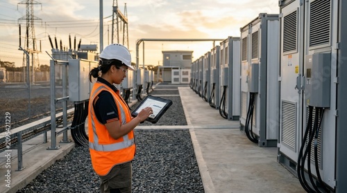 Female Electrical Engineer Inspecting Battery Energy Storage System Facility.