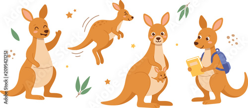 Tableau sur toile Cute kangaroo character set with jumping mother joey and school backpack vector