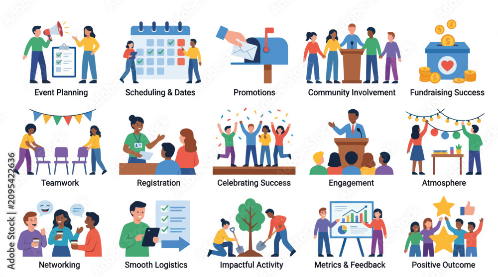 Naklejka premium Flat Vector Icons for Event Management and Planning Success