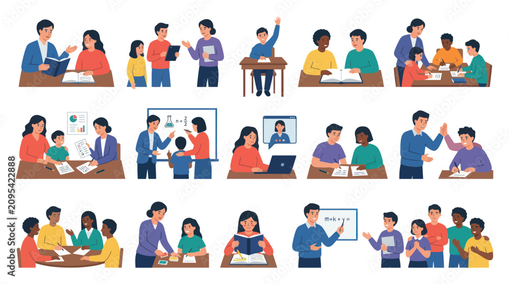 Fototapeta premium Education Activities Flat Design Illustration Set with Teachers, Students, and Diverse Learning Interactions