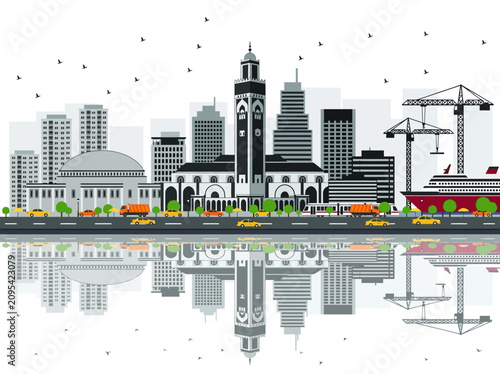 Canvastavla Casablanca Morocco Skyline Illustration with Hassan II Mosque and Waterfront Ref
