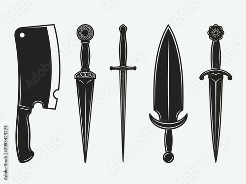 Bild auf Leinwand Black Silhouette Medieval Daggers and Meat Cleaver Set