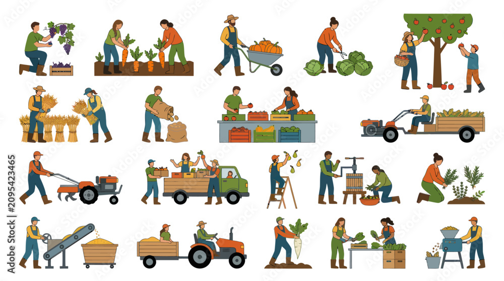 Fototapeta premium Flat Vector Illustration of Farmers and Agricultural Activities: Harvesting, Planting, and Processing Crops