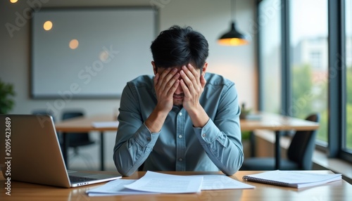 Frustrated young man sitting at office desk with hands covering face, overwhelmed by work stress, in a modern workspace with a laptop, documents, and large windows
