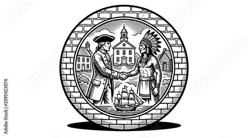 Konstfotografi Historical handshake between settler and Native American emblem.