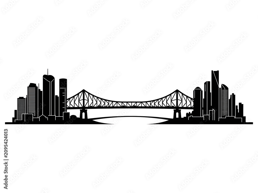Fototapeta premium Minimalist Black Silhouette of an Urban City Skyline Featuring a Truss Bridge Over a River Against a Plain White Background