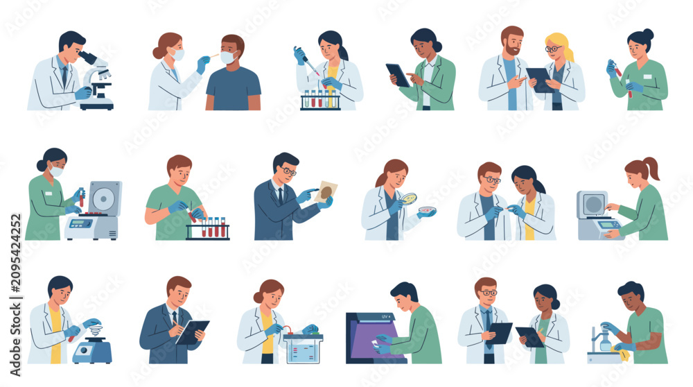 Fototapeta premium Flat Vector Set of Scientists Conducting Research in Laboratory