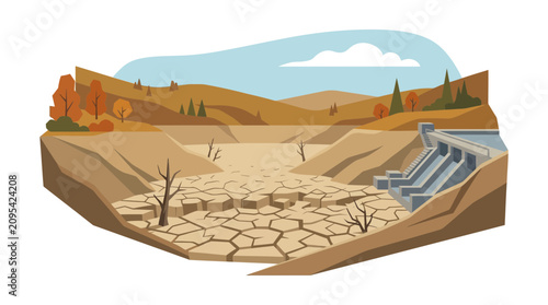 Foto Drought Effect on Dam Reservoir with Cracked Dry Earth Landscape