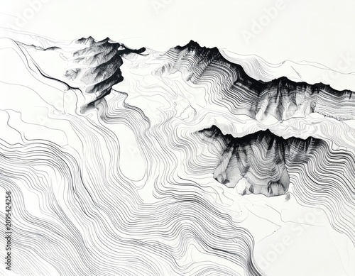 Abstract Ink Wash Painting of Mountain Peaks and Flowing Water.