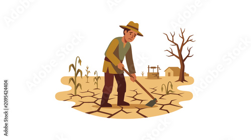 Konstfotografi Sad Farmer Working on Parched Dry Land During Drought Illustration