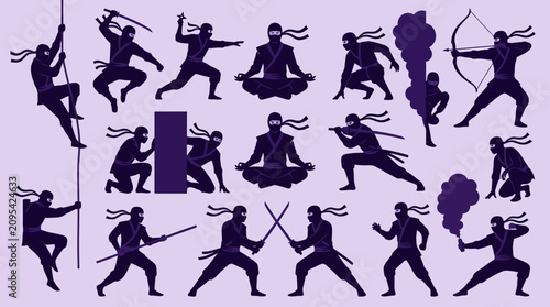 Bild auf Leinwand Ninja Silhouette Vector Character Poses Collection