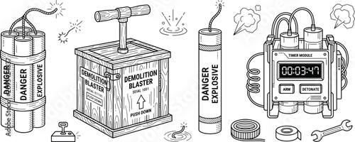 фотографія Dynamite TNT Explosive Demolition Blaster Detonator Box Time Bomb Vector Line Ar