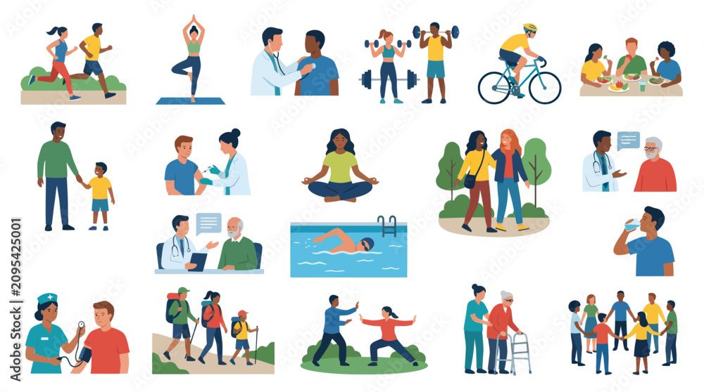 Fototapeta premium Health and Wellness Flat Style Vector Illustration Set Featuring Diverse People and Healthy Lifestyle Activities