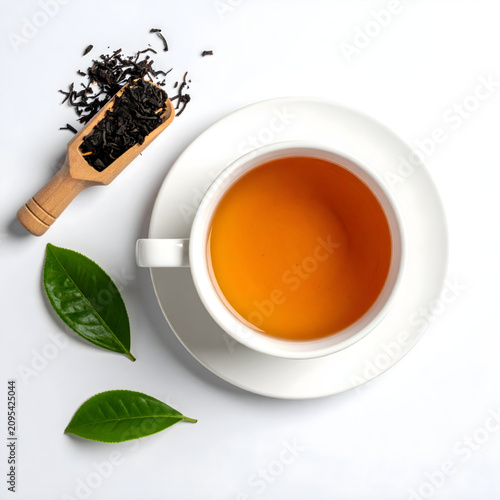 White cup of morning tea on white background
