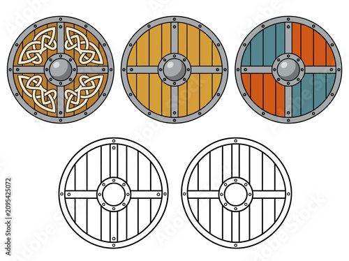 Tableau sur toile Set of Viking Round Shields with Celtic Knots and Line Art Versions