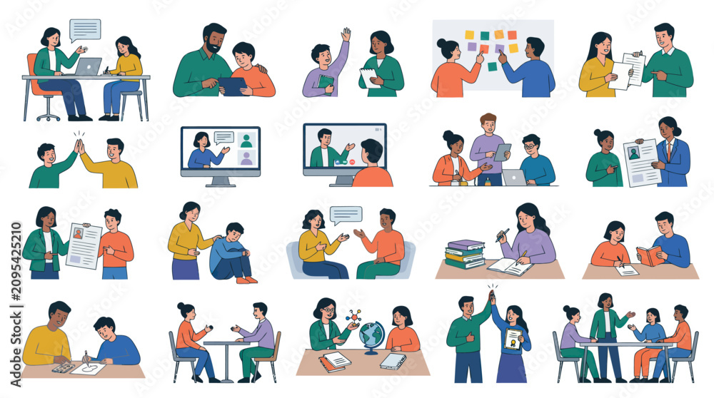 Fototapeta premium Diverse students and teachers collaborate in modern flat illustration style