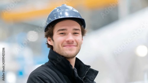 A friendly and professional young man is in a modern work environment. Safety helmets symbolize security and readiness. Great footage for construction or engineering purposes. AI