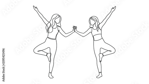 Continuous line drawing of two women practicing yoga tree pose