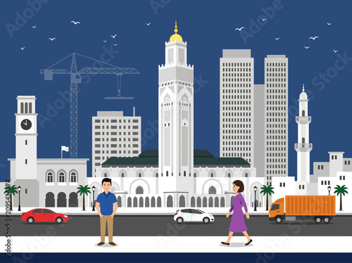 Bild auf Leinwand Casablanca Morocco City Skyline Vector Illustration with Hassan II Mosque