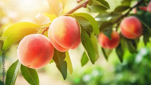 Experience the beauty of nature with ripe peaches on a branch. This footage captures the essence of summer and freshness. Ideal for culinary projects. AI